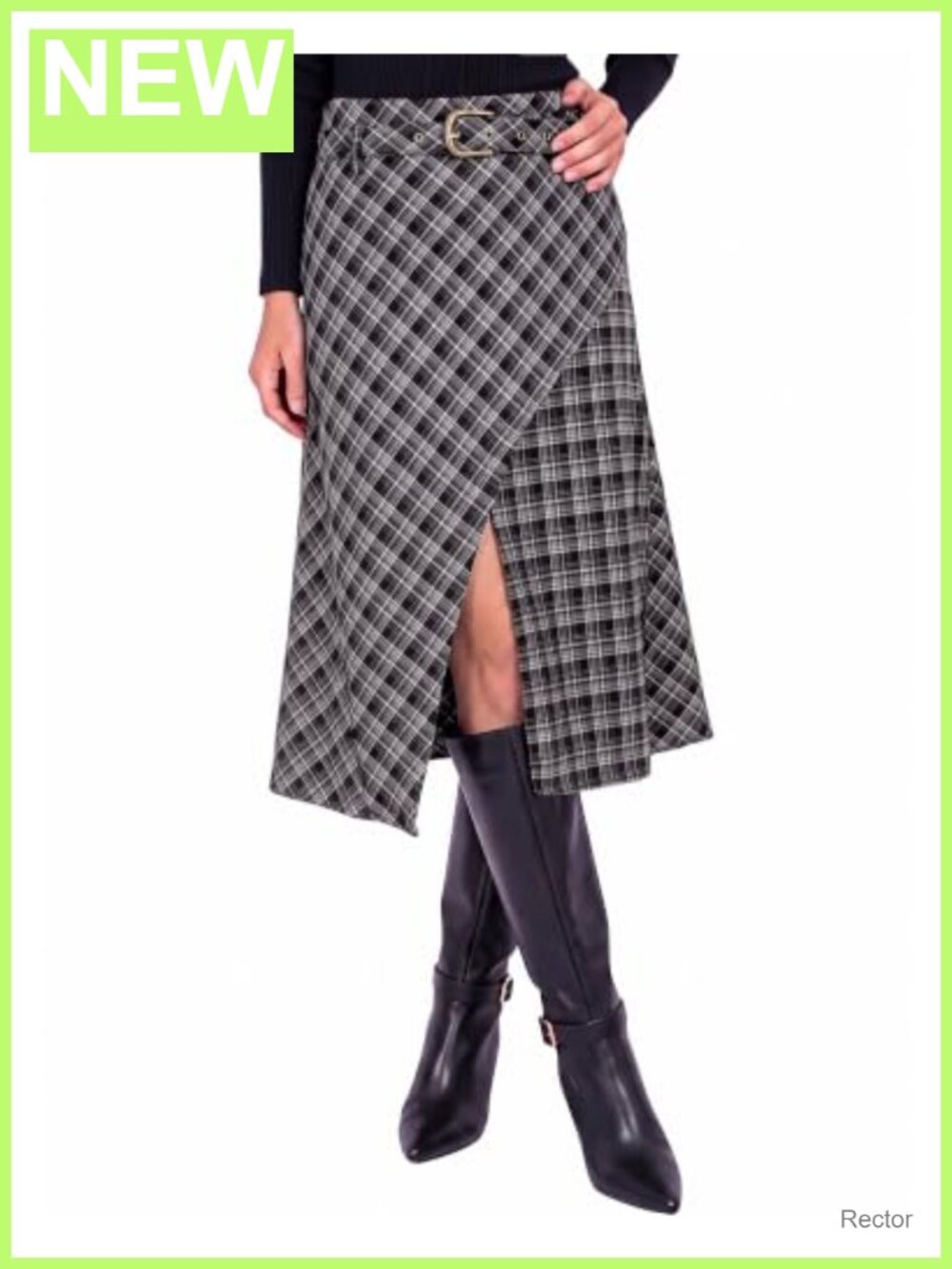 High Waist Plaid A-Line Midi Skirt with Belt Asymmetrical Hem